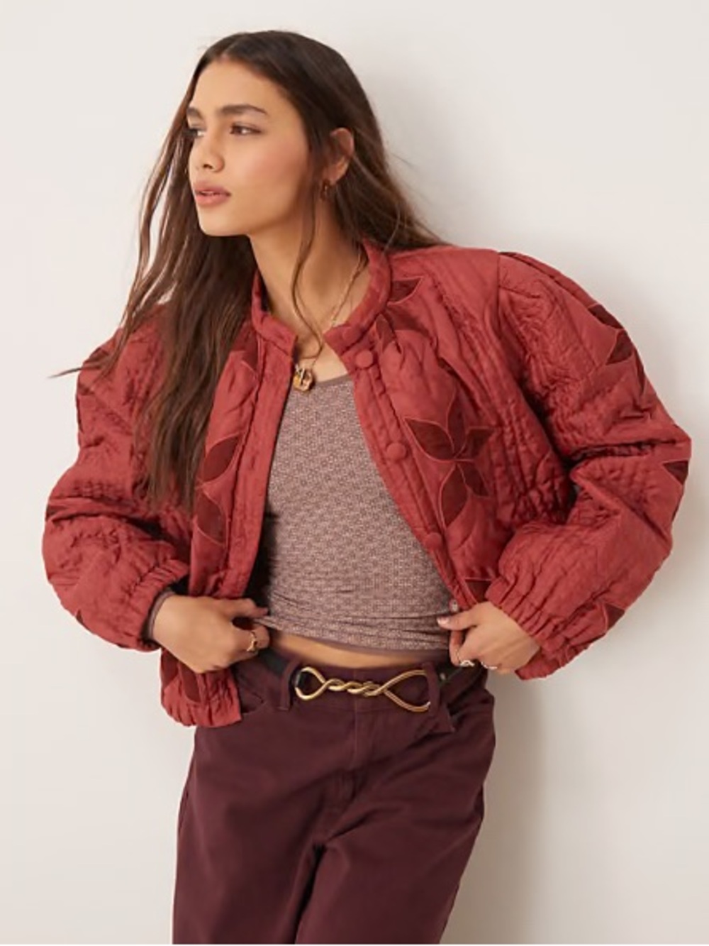 FP Free People Viral Quinn Quilted Bomber Jacket Patchwork Marsala Red